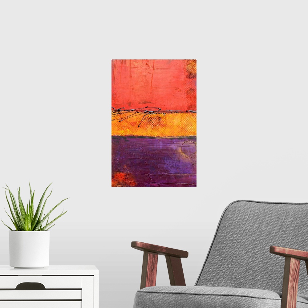 A modern room featuring Contemporary abstract painting from Erin Ashley featuring color streaks and rough lines.