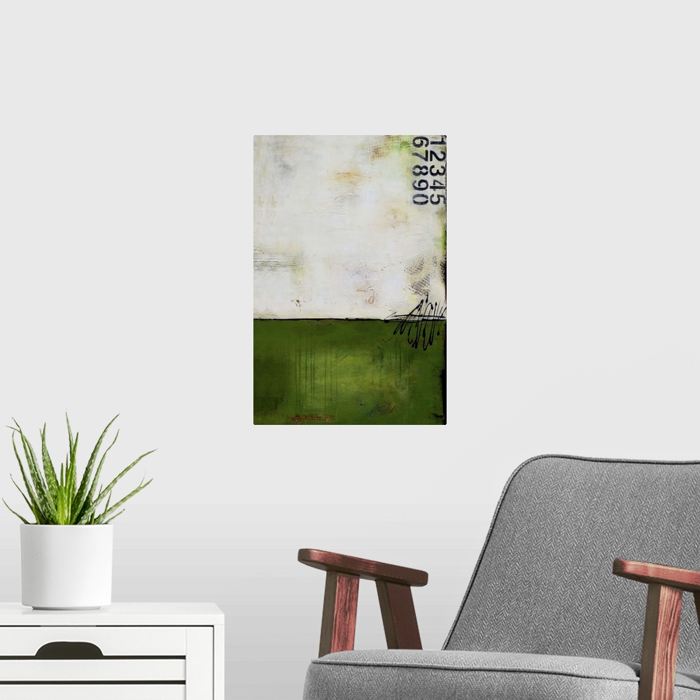 A modern room featuring Contemporary abstract painting using dark green and stenciled numbers.