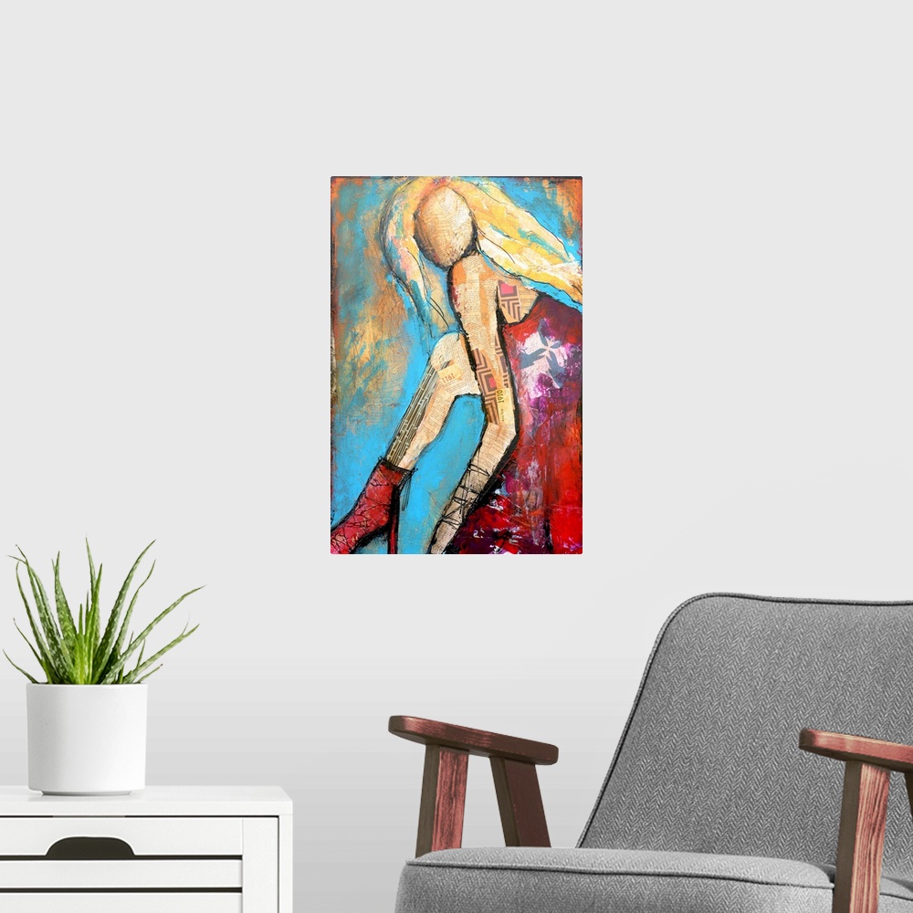 A modern room featuring A contemporary mixed media collage of a woman in heels, blonde hair, sleeveless dress, and render...