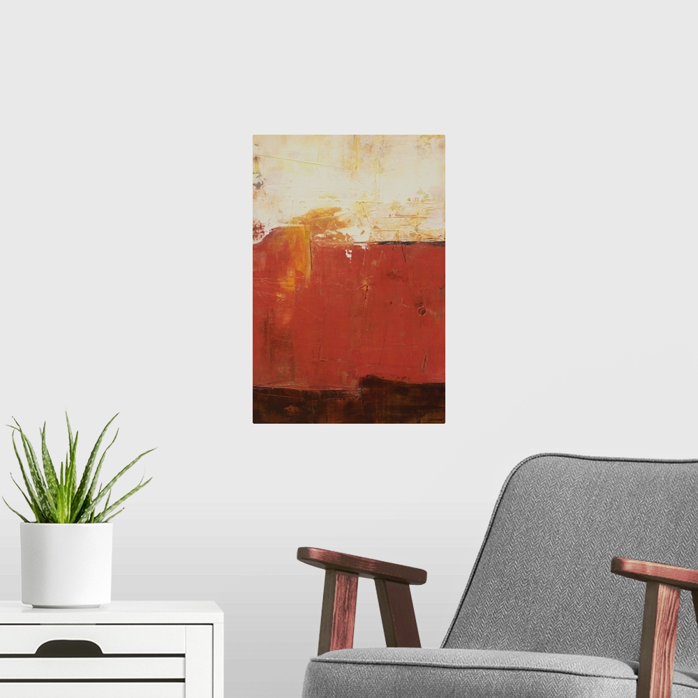 A modern room featuring Abstract contemporary art print in color blocks of brown and rust.