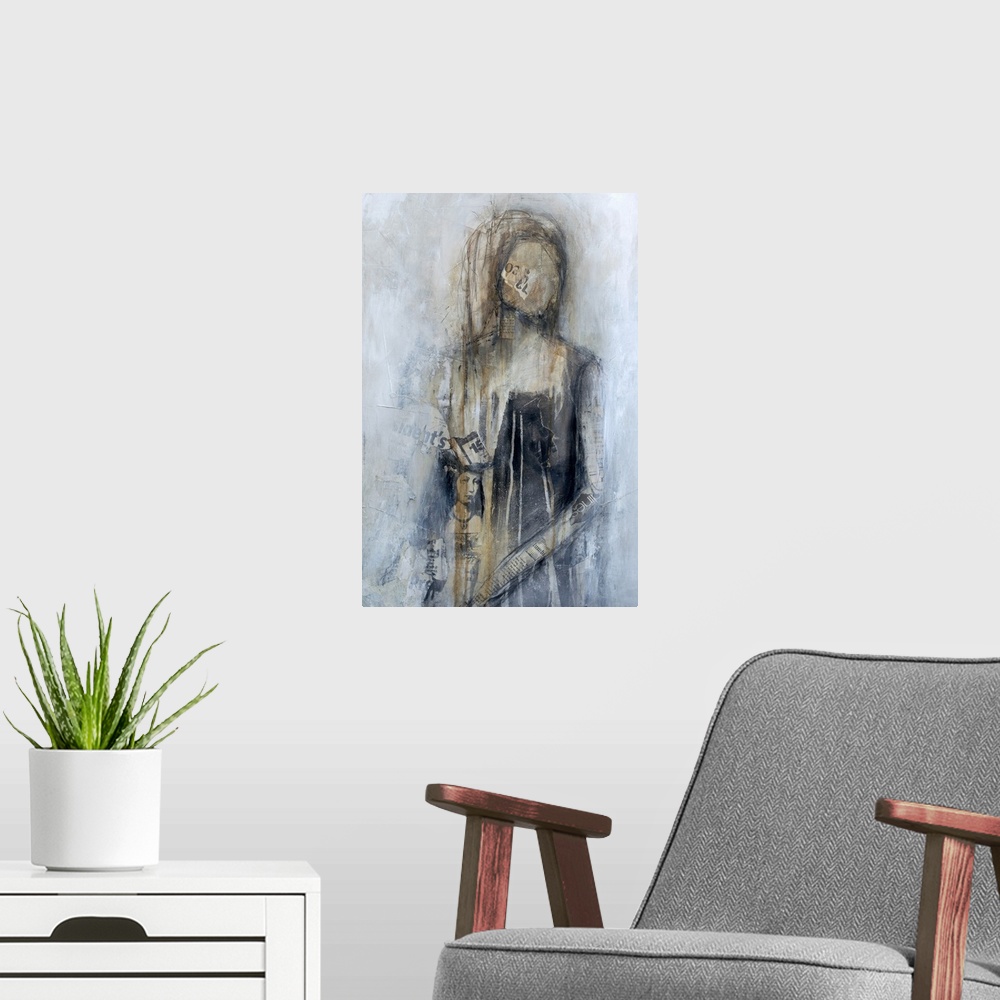 A modern room featuring A contemporary abstract of two women created with a collage of paint and newspaper clippings. Thi...