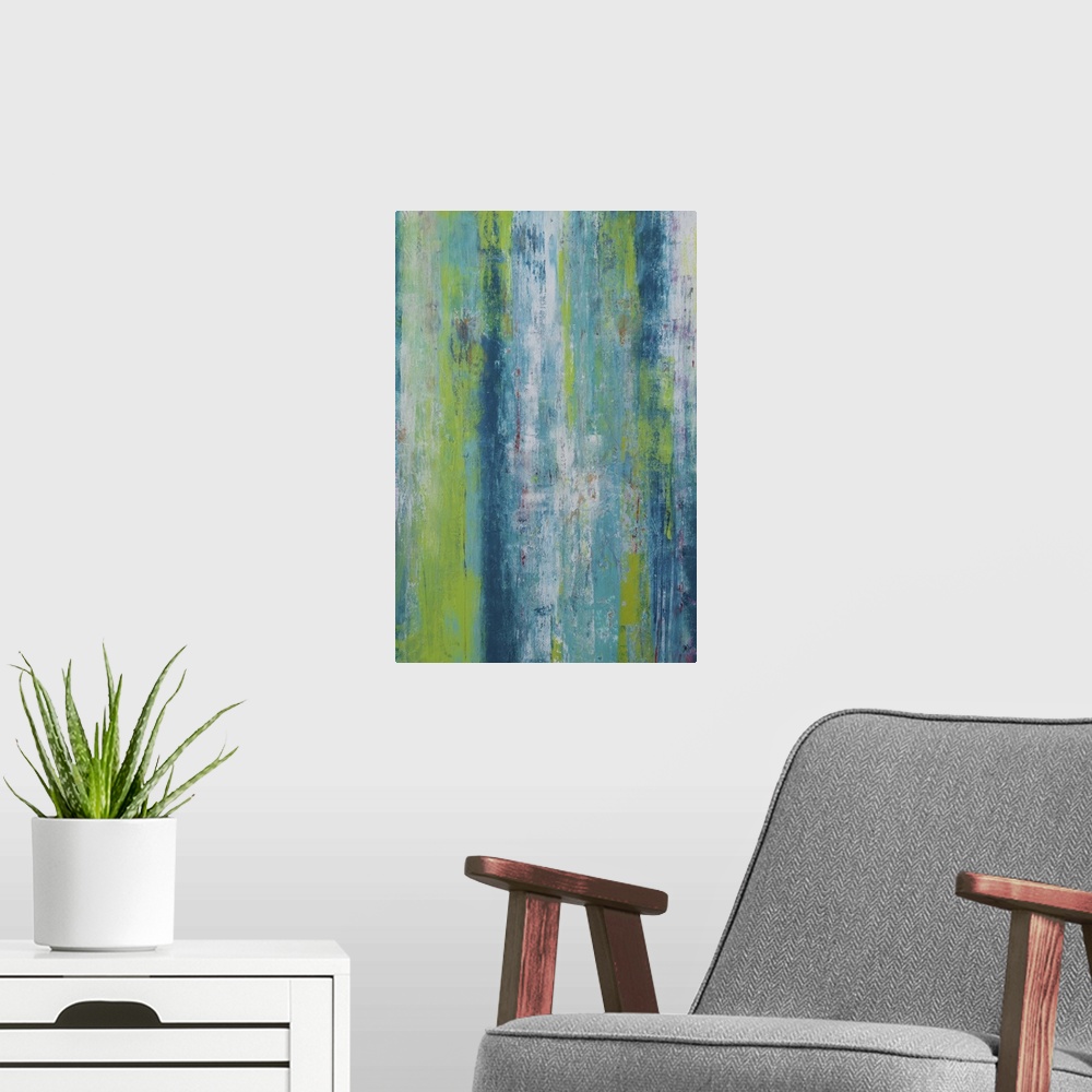 A modern room featuring Contemporary abstract painting using dark green and blue tones.