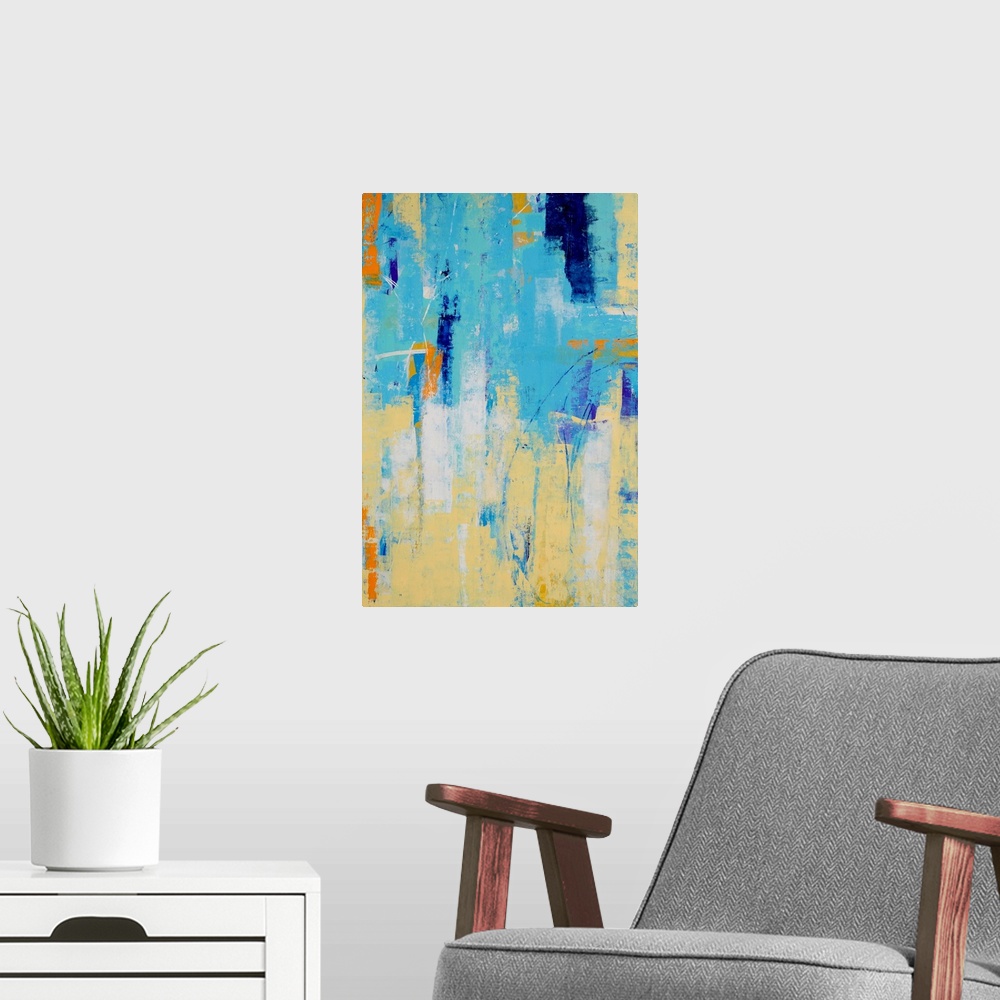 A modern room featuring A contemporary abstract painting using light blue and a pale yellow merging together.