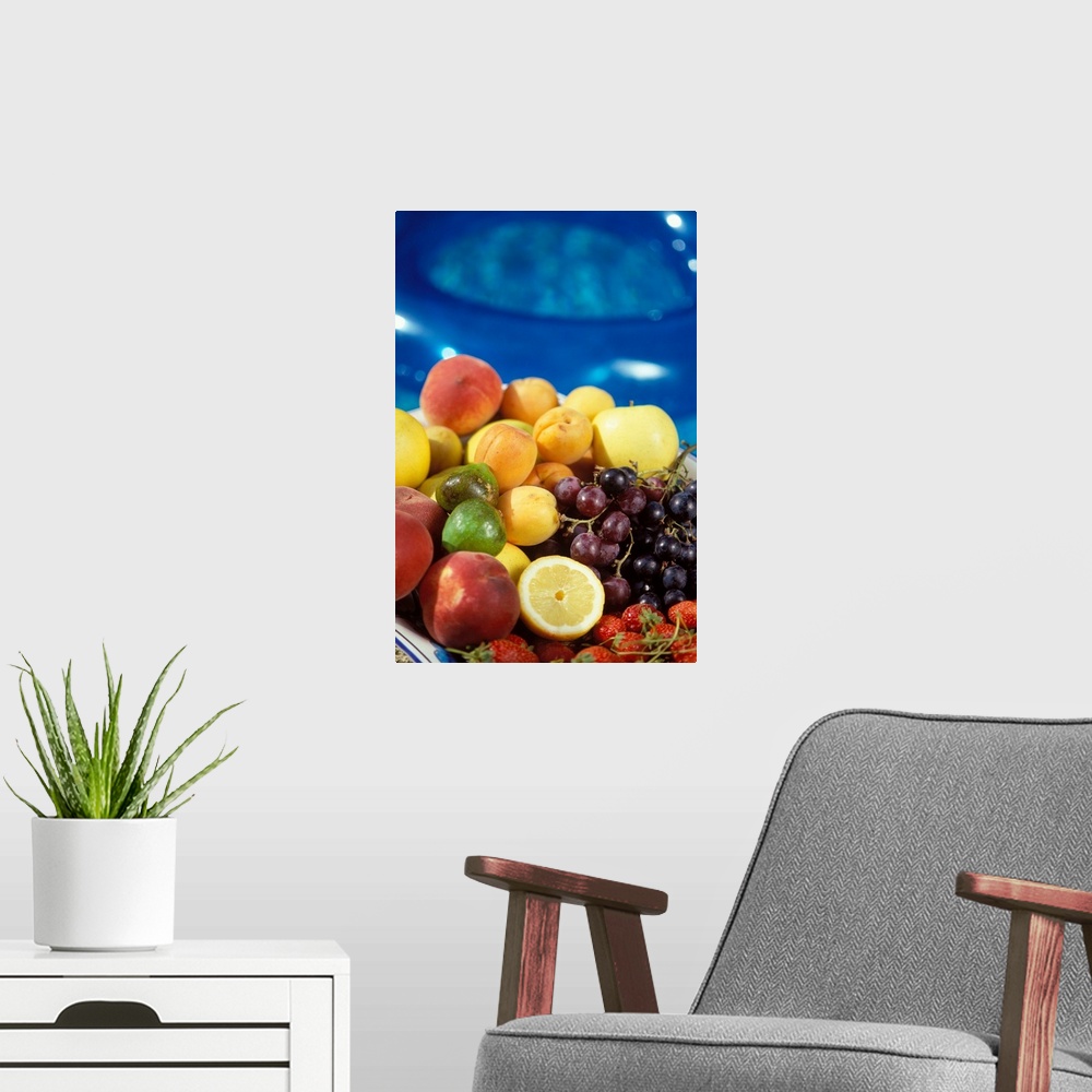 A modern room featuring Apricots, strawberries, grapes