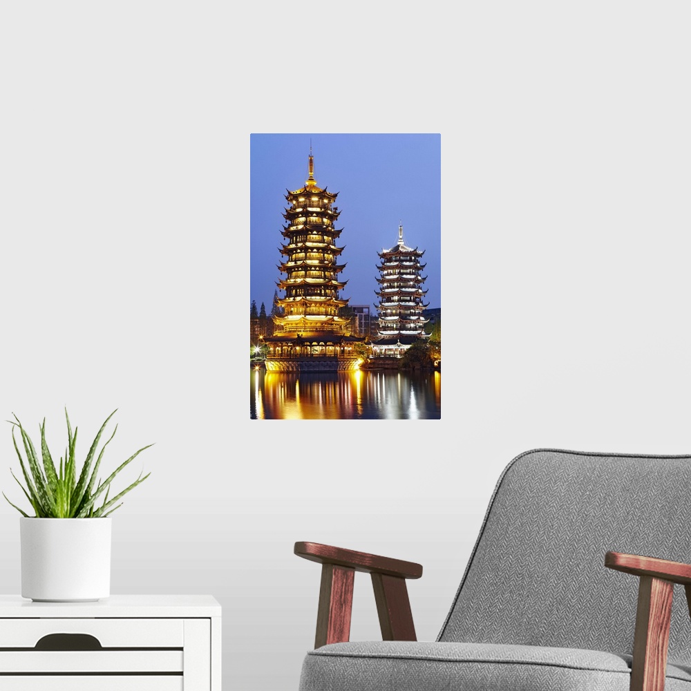 A modern room featuring China, Guangxi, Guilin, Sun and Moon Pagodas on Shan Lake.