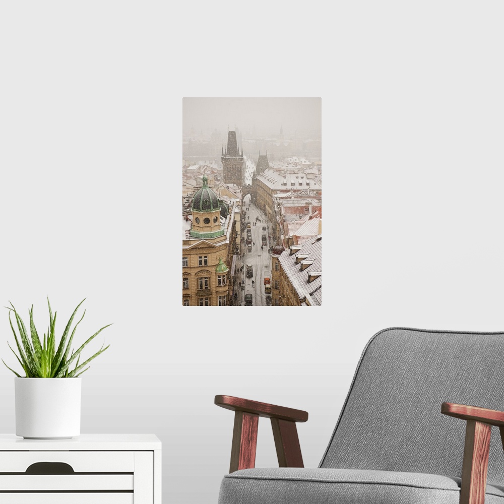 A modern room featuring Czech Republic, Central Bohemia Region, Prague, Bohemia, Central Europe, View of the town under t...