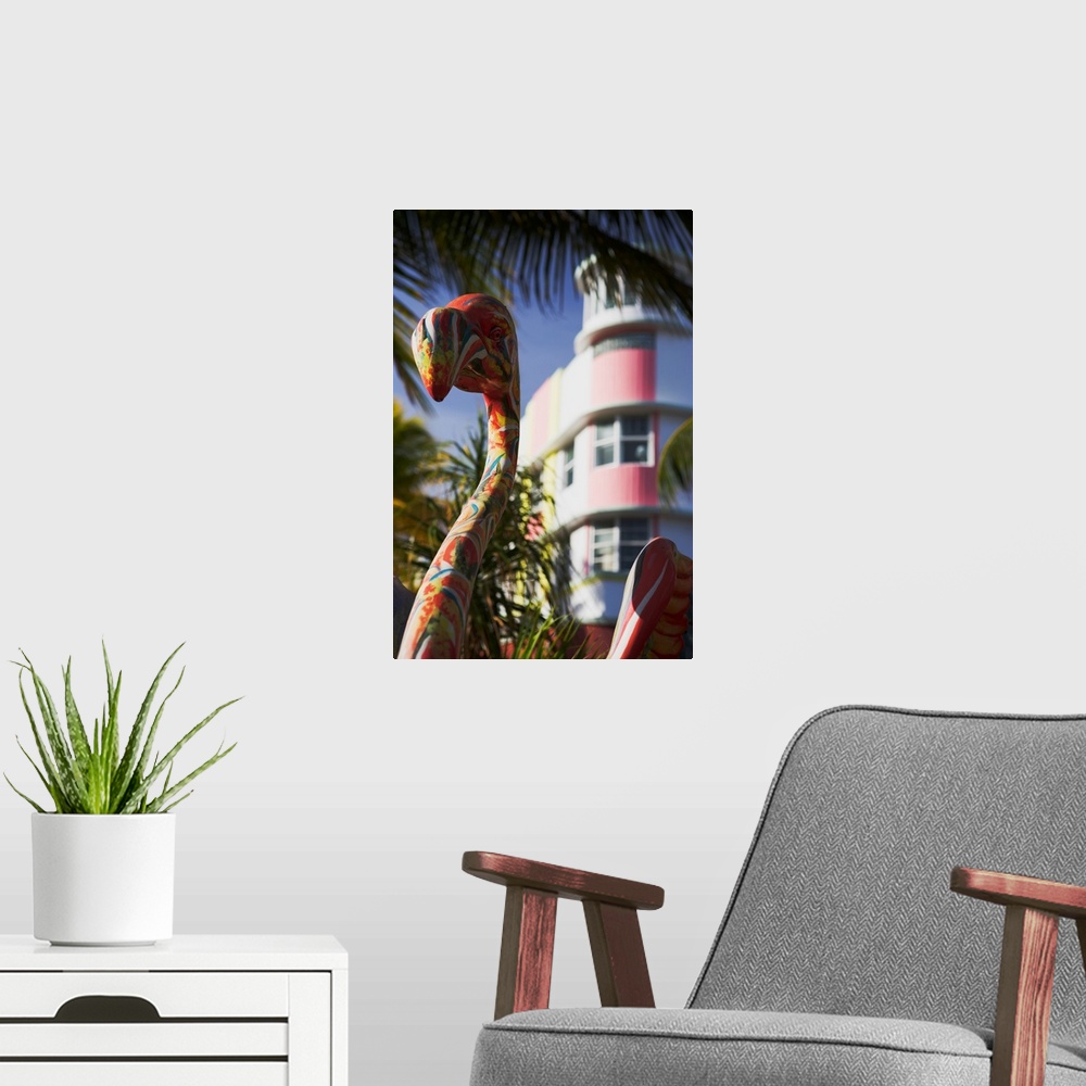 A modern room featuring Florida, Miami Beach, Flamingo statue on Ocean Drive