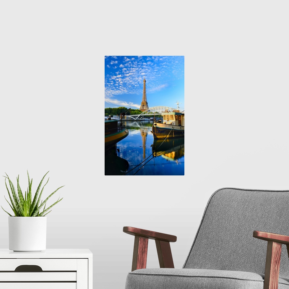 A modern room featuring France, Ile-de-France, Seine, Ville de Paris, Paris, Eiffel Tower, Barges moored along the Seine ...