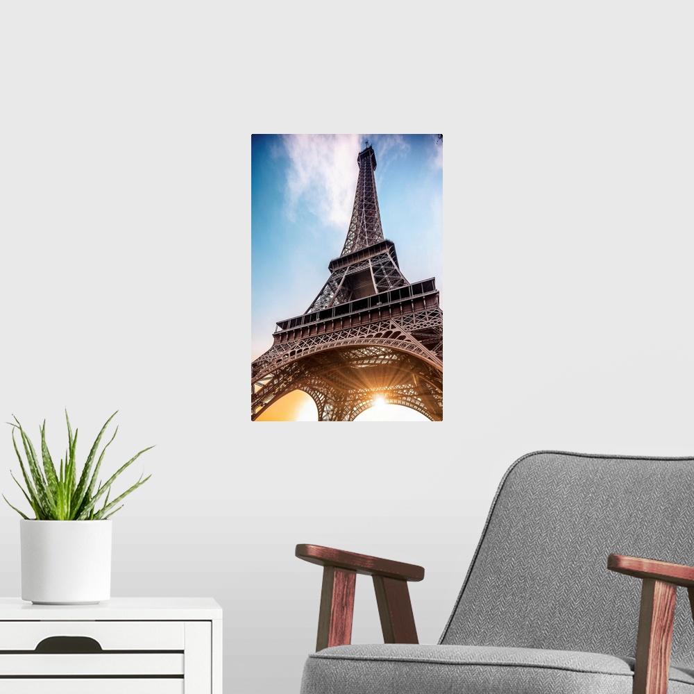 A modern room featuring France, Ile-de-France, Ville de Paris, Paris, Invalides, The Eiffel Tower at sunrise.