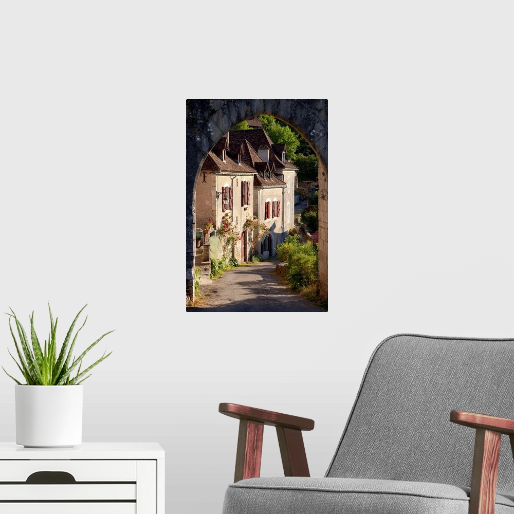 A modern room featuring France, Midi-Pyr..n..es, Saint-Cirq-Lapopie, Lot, Quercy, View of some houses in the lower part o...