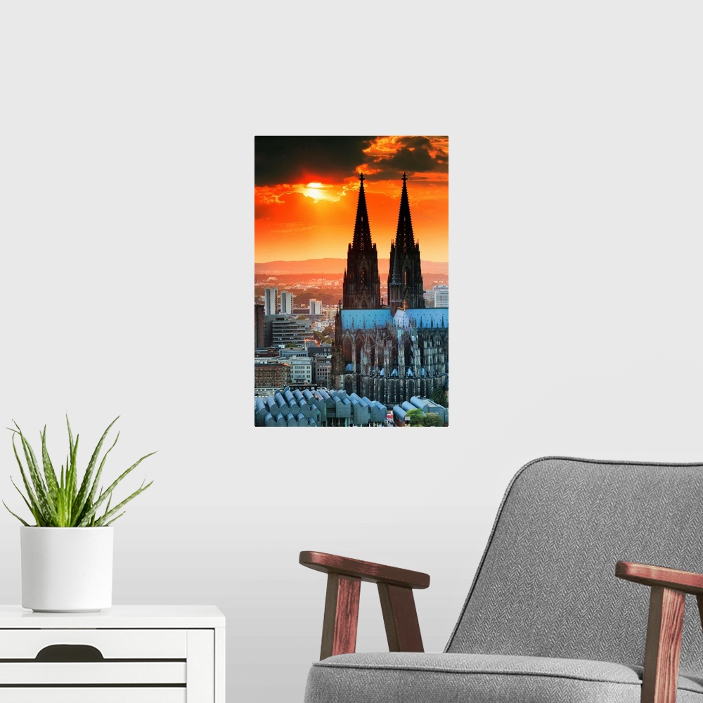 A modern room featuring Germany, North Rhine-Westphalia, Cologne, Cologne Cathedral and Hohenzollern Bridge overview at s...
