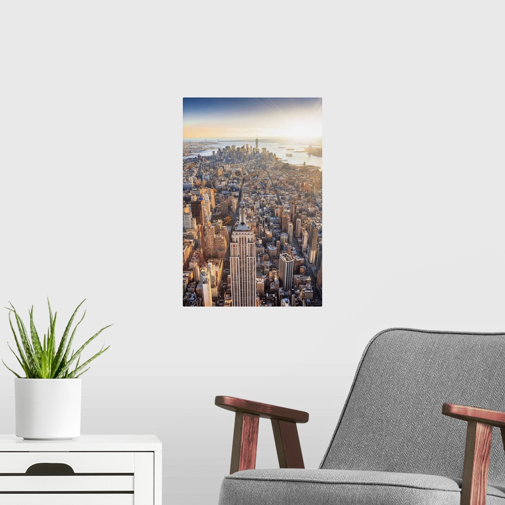 A modern room featuring USA, New York City, Hudson, Manhattan, Midtown, Aerial view of Empire State Building, towards Low...