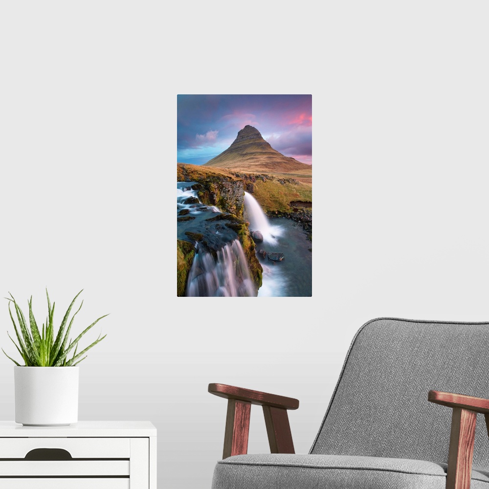 A modern room featuring Iceland, West Iceland, Snaefellsnes, Kirkjufell Mountain and Kirkjufelfoss Waterfall.