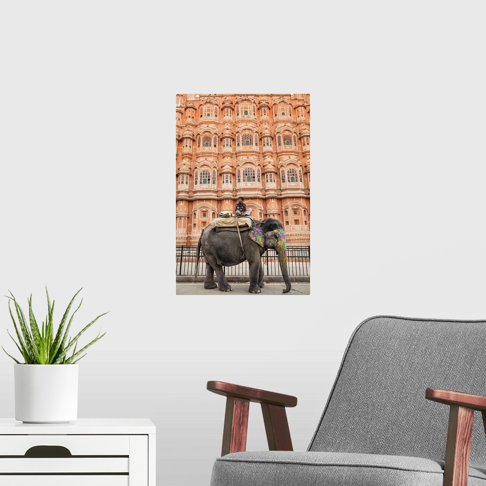 A modern room featuring India, Rajasthan, Jaipur, Man and his painted elephant outside Hawa Mahal (Palace of Winds).