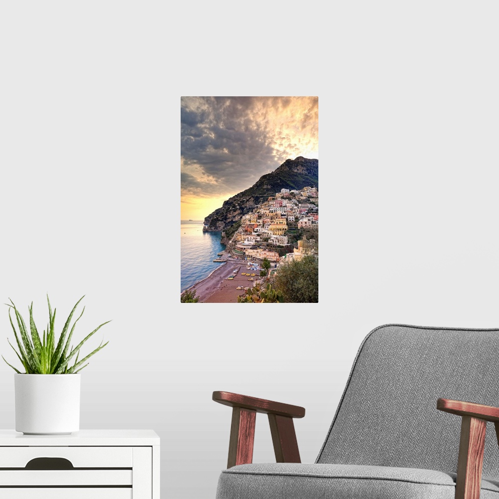 A modern room featuring Italy, Campania, Amalfi Coast,  Peninsula of Sorrento, Positano, beach at sunset