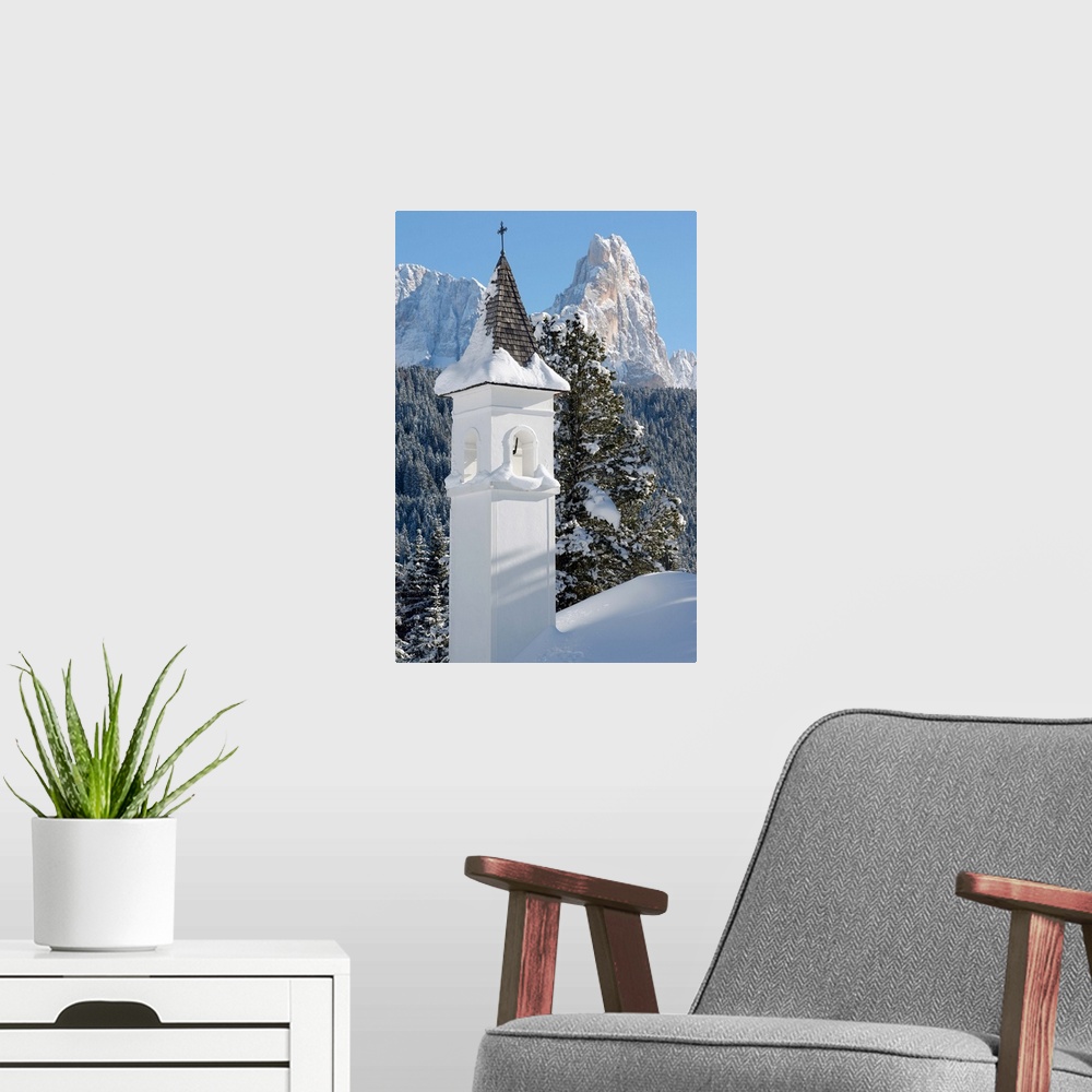 A modern room featuring Italy, Dolomites, church and Pale di San Martino range in background
