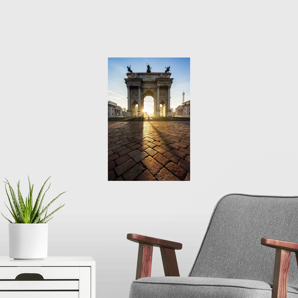 A modern room featuring Italy, Lombardy, Milano district, Milan, Porta Sempione or Arco della Pace at sunrise.