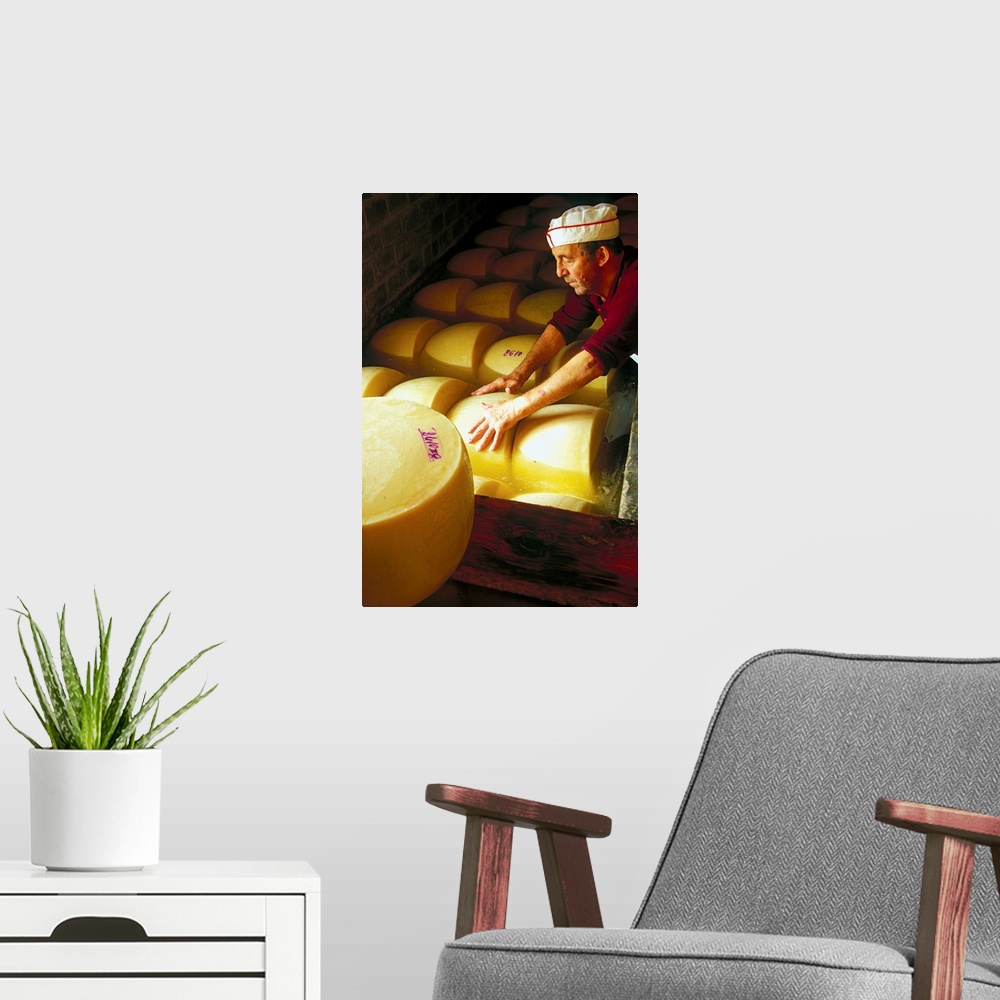 A modern room featuring Italy, Parma district, Parmigiano Reggiano, shapes in tub of salting