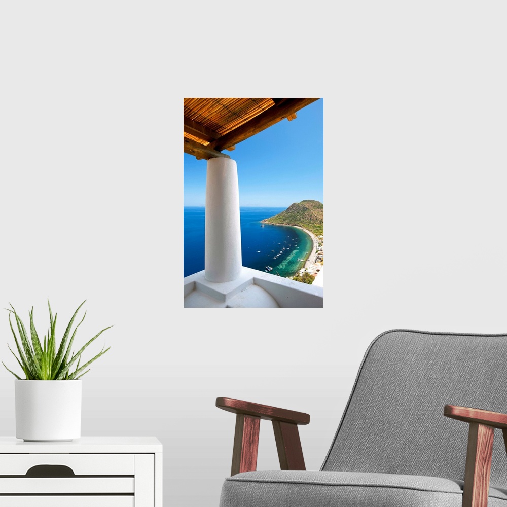 A modern room featuring Italy, Sicily, Lipari islands, Filicudi, Capo Graziano and the beach of the port