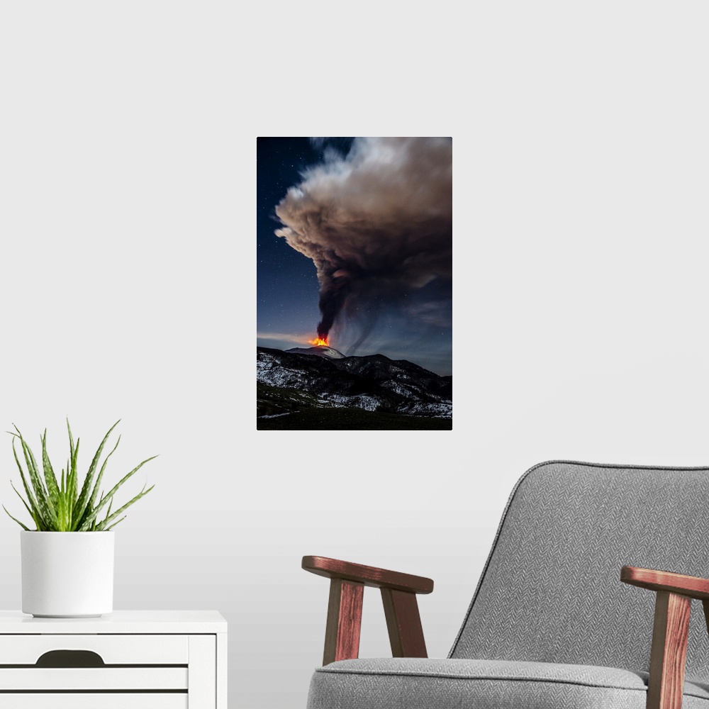 A modern room featuring Italy, Sicily, Messina district, Mount Etna, Etna volcano eruption.