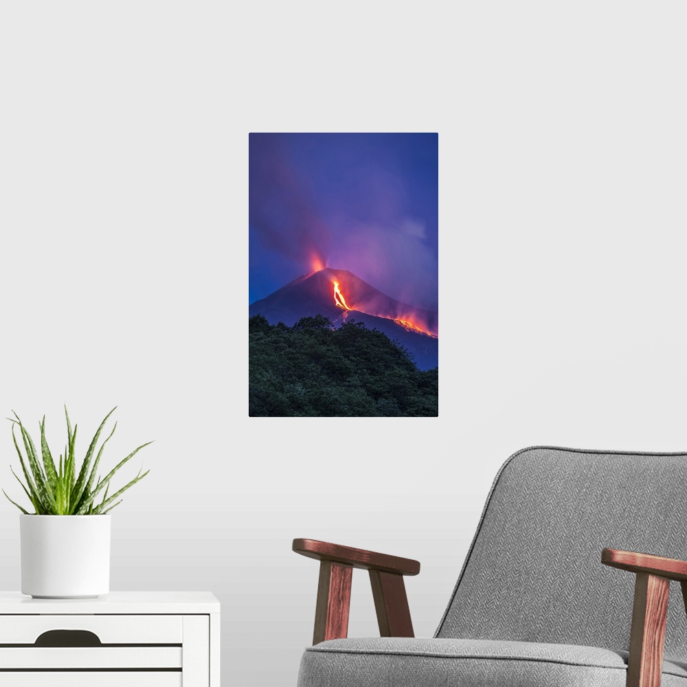 A modern room featuring Italy, Sicily, Mediterranean area, Catania district, Mount Etna, South-east crater eruption at ni...