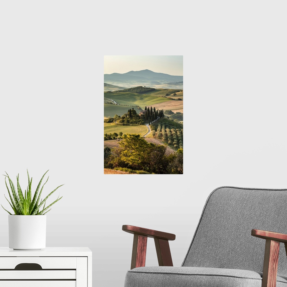 A modern room featuring Italy, Tuscany, Siena district, Orcia Valley, San Quirico d'Orcia, Podere Belvedere, typical farm...