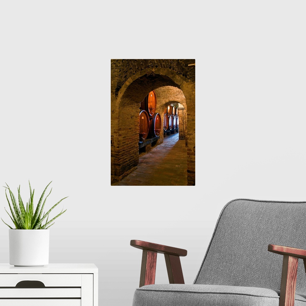 A modern room featuring Italy, Tuscany, Siena district, Val di Chiana, Montepulciano, Wine cellar