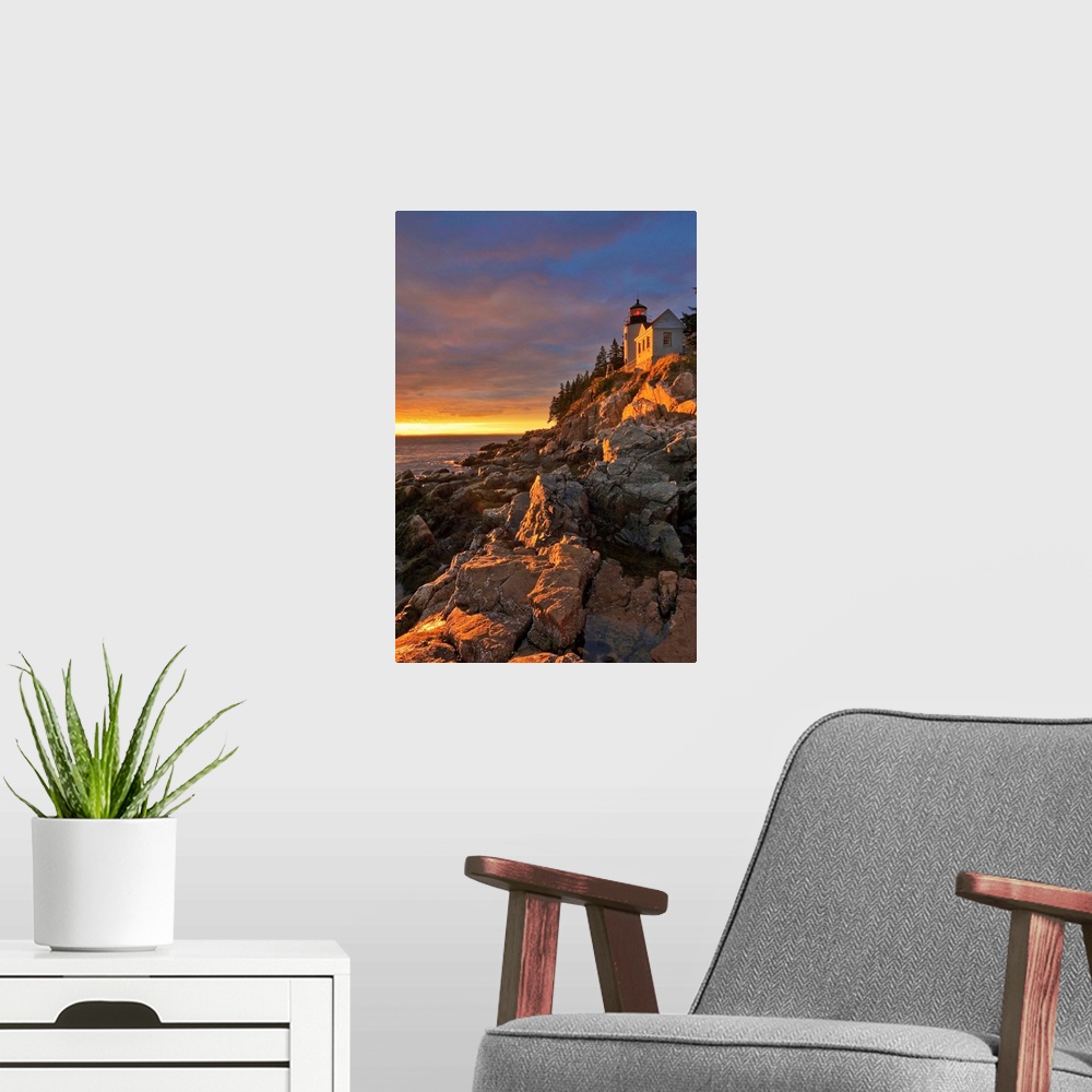 A modern room featuring Maine, Mount Desert Island, The Bass Harbor lighthouse at sunset