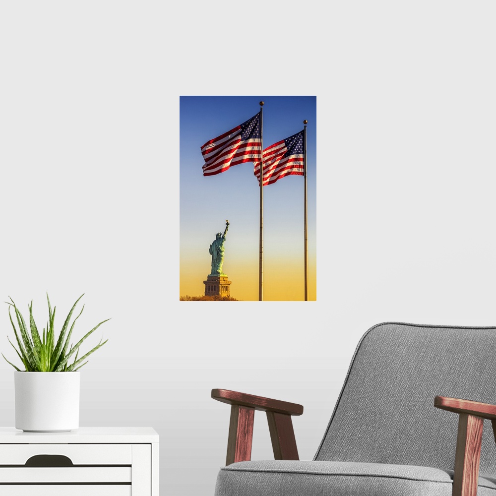 A modern room featuring USA, New York City, Manhattan, Lower Manhattan, Liberty Island, Statue of Liberty and American Flags