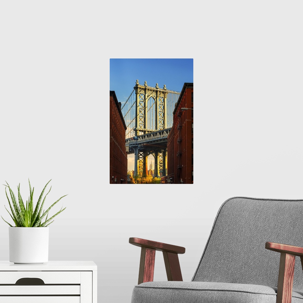 A modern room featuring USA, New York City, Brooklyn, Dumbo, Manhattan Bridge, Empire State Building framed by Manhattan ...