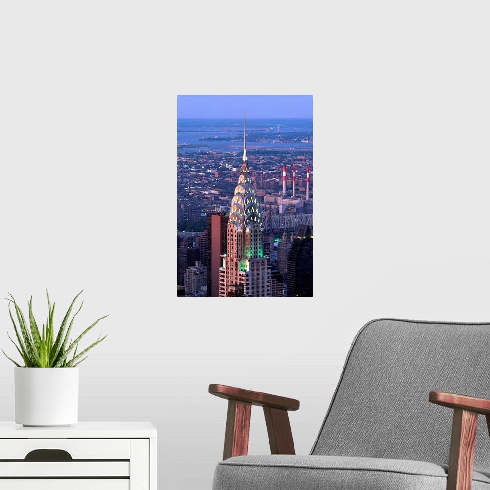 A modern room featuring New York City, Chrysler Building