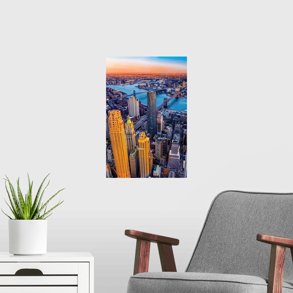 A modern room featuring USA, New York City, East River, Manhattan, Lower Manhattan, One World Observatory at One World Tr...