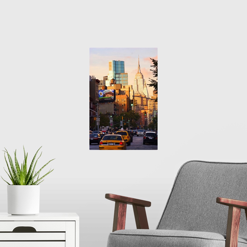 A modern room featuring New York City, Empire State Building