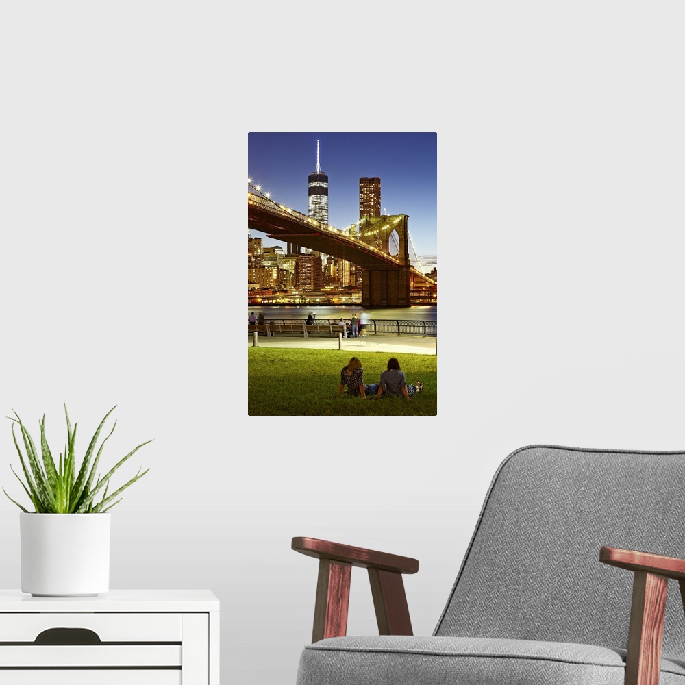 A modern room featuring USA, New York City, Manhattan, Brooklyn Bridge, Brooklyn Bridge Park, View towards Brooklyn Bridg...