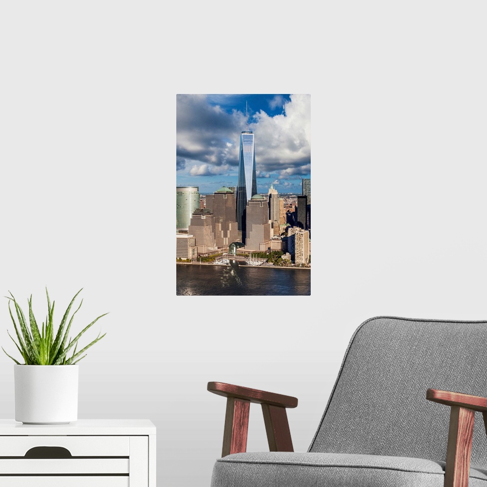 A modern room featuring USA, New York City, Manhattan, Lower Manhattan, Freedom Tower in the Financial District.