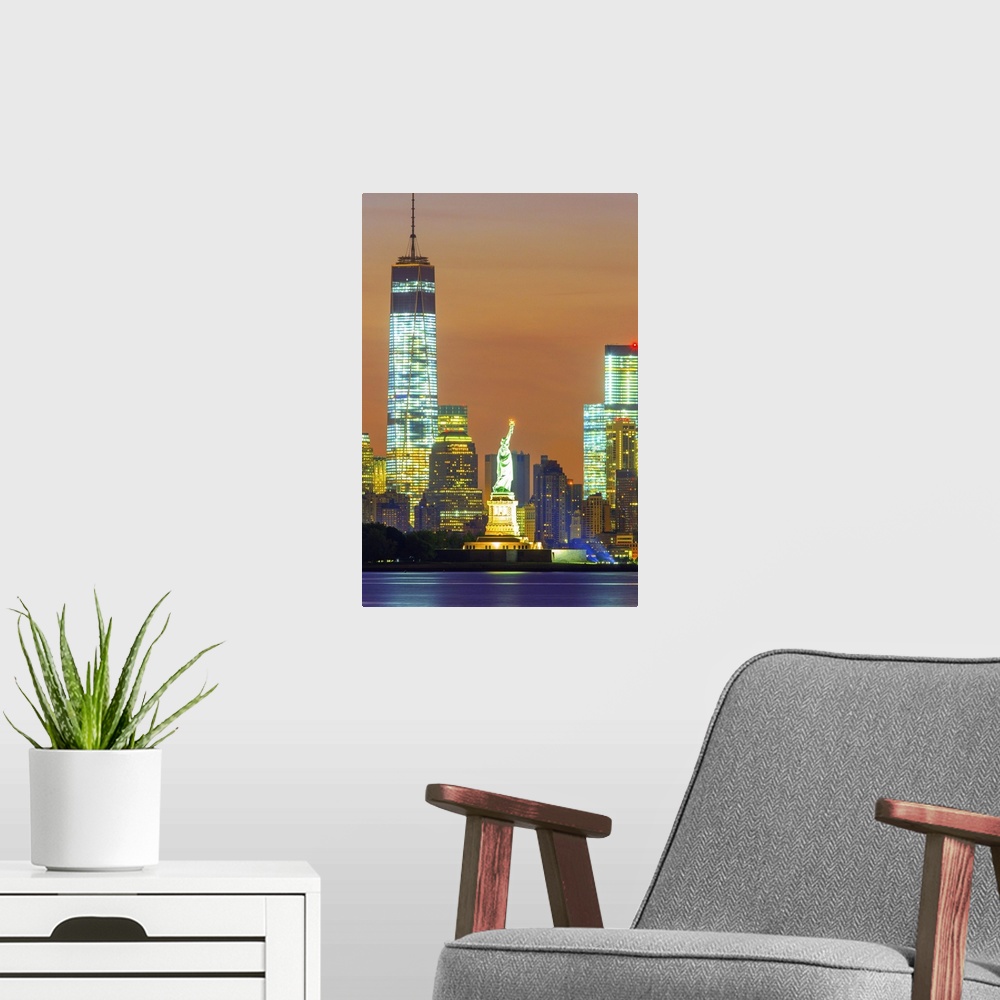 A modern room featuring USA, New York City, Manhattan, Lower Manhattan, Liberty Island, Statue of Liberty, Lower Manhatta...