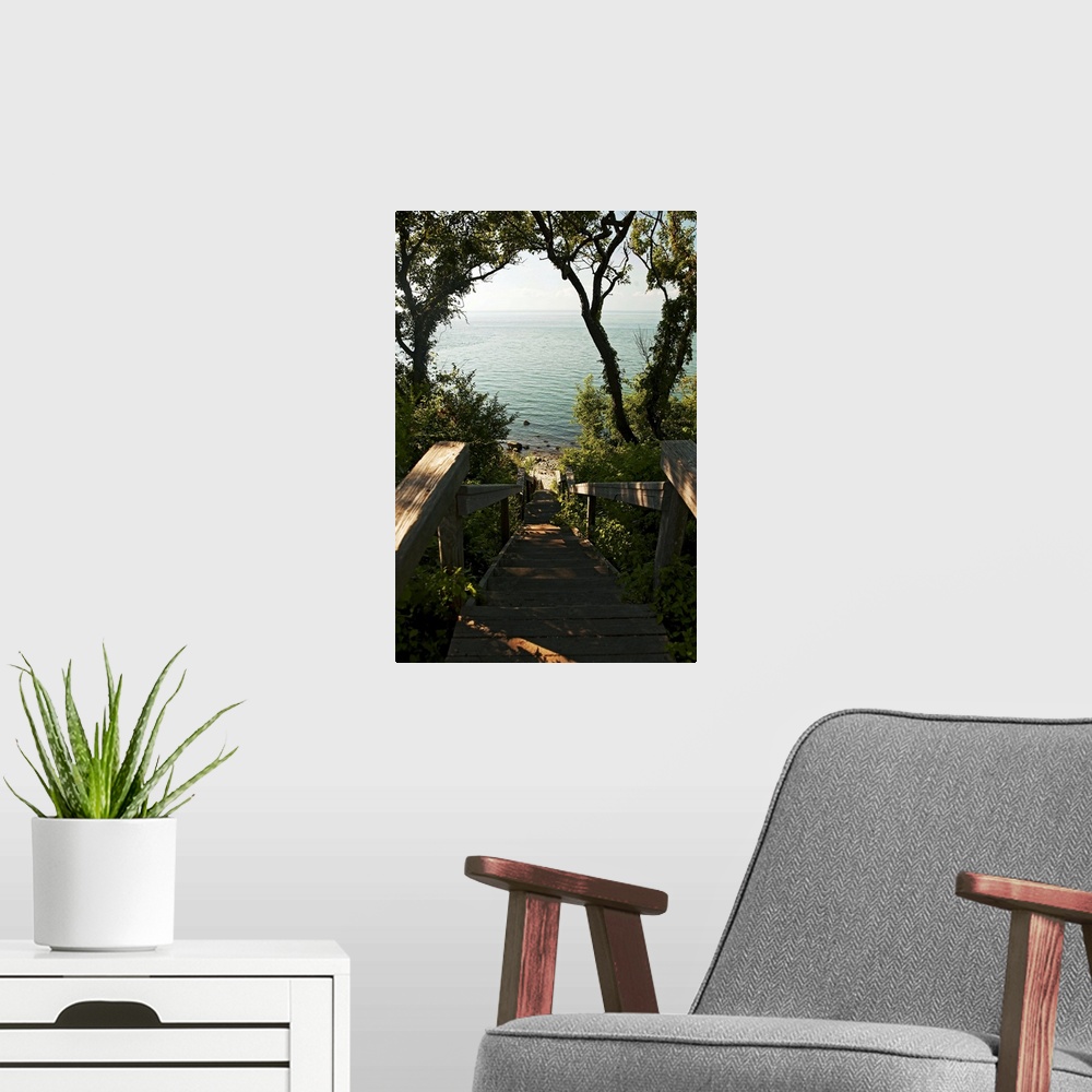 A modern room featuring New York, Long Island, path leading to view of Long Island Sound