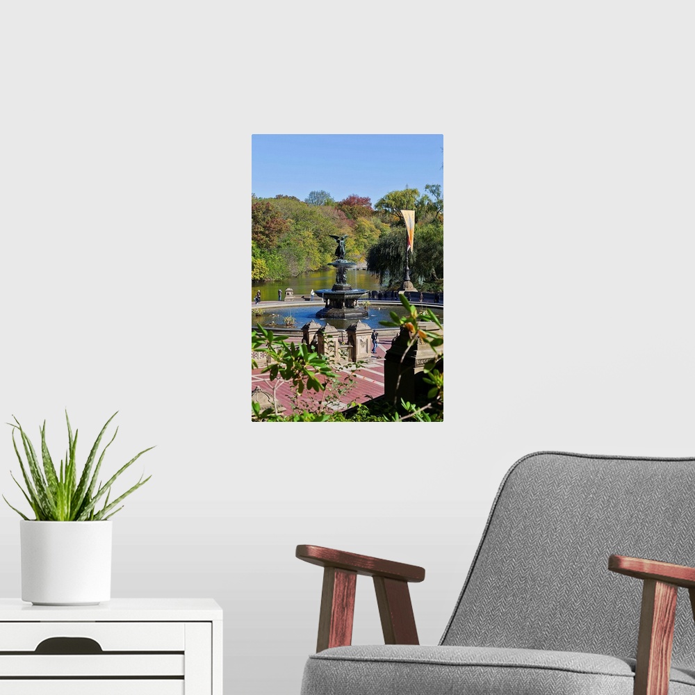 A modern room featuring New York, New York City, Central Park, looking over Bethesda Terrace