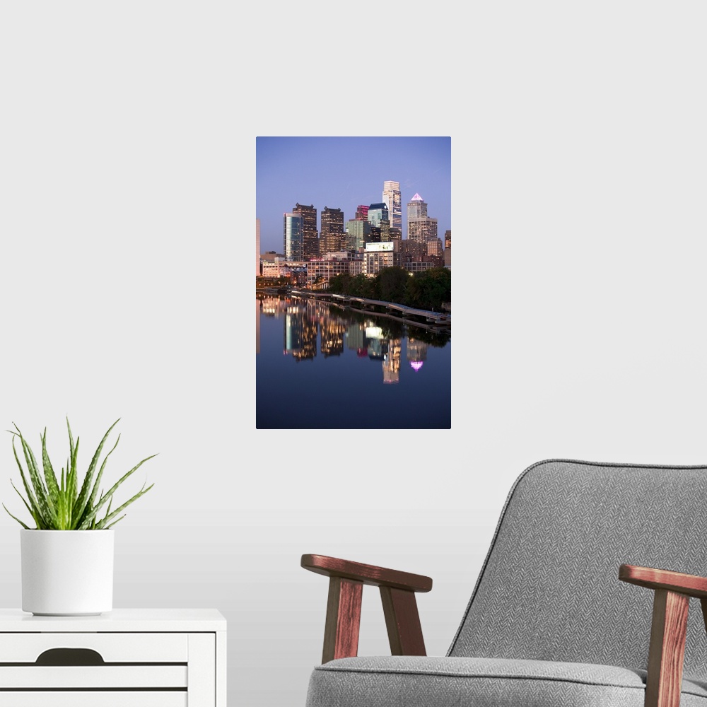 A modern room featuring USA, Pennsylvania, Philadelphia, City skyline over the Delaware River.