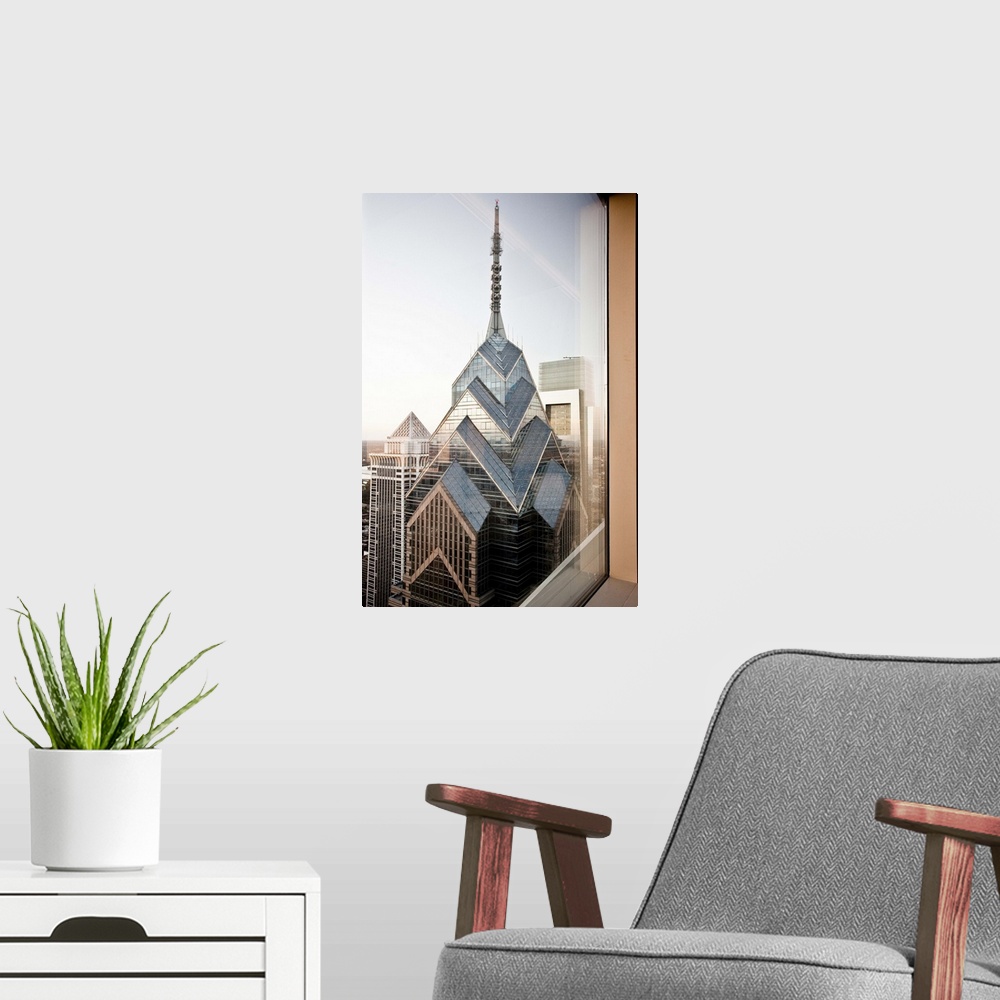 A modern room featuring USA, Pennsylvania, Philadelphia, One Liberty Place tower, view from the R2L Restaurant on 37th fl...
