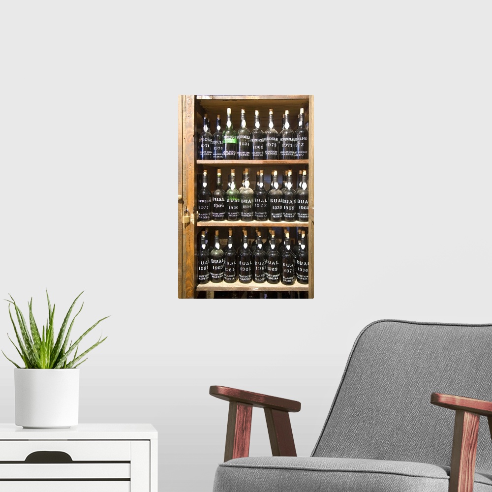 A modern room featuring Portugal, Madeira, Funchal, Madeira wine fabric, bar and old bottles stock