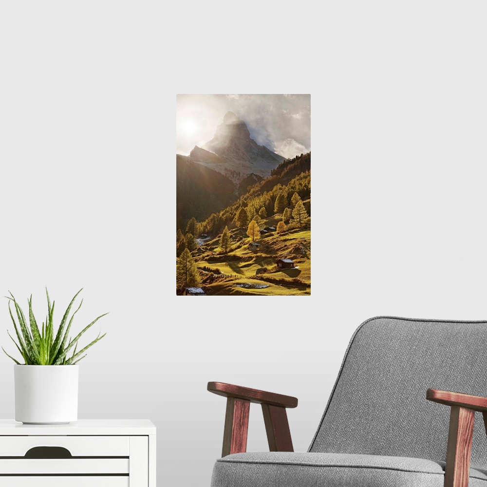 A modern room featuring Switzerland, Valais, Alps, Central Europe, Zermatt, View towards Matterhorn mountain (Monte Cervino)