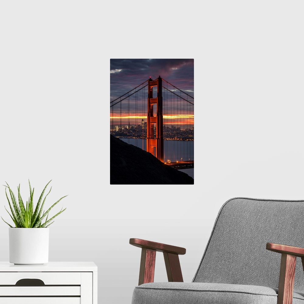A modern room featuring United States, California, San Francisco, Golden Gate Bridge at sunrise