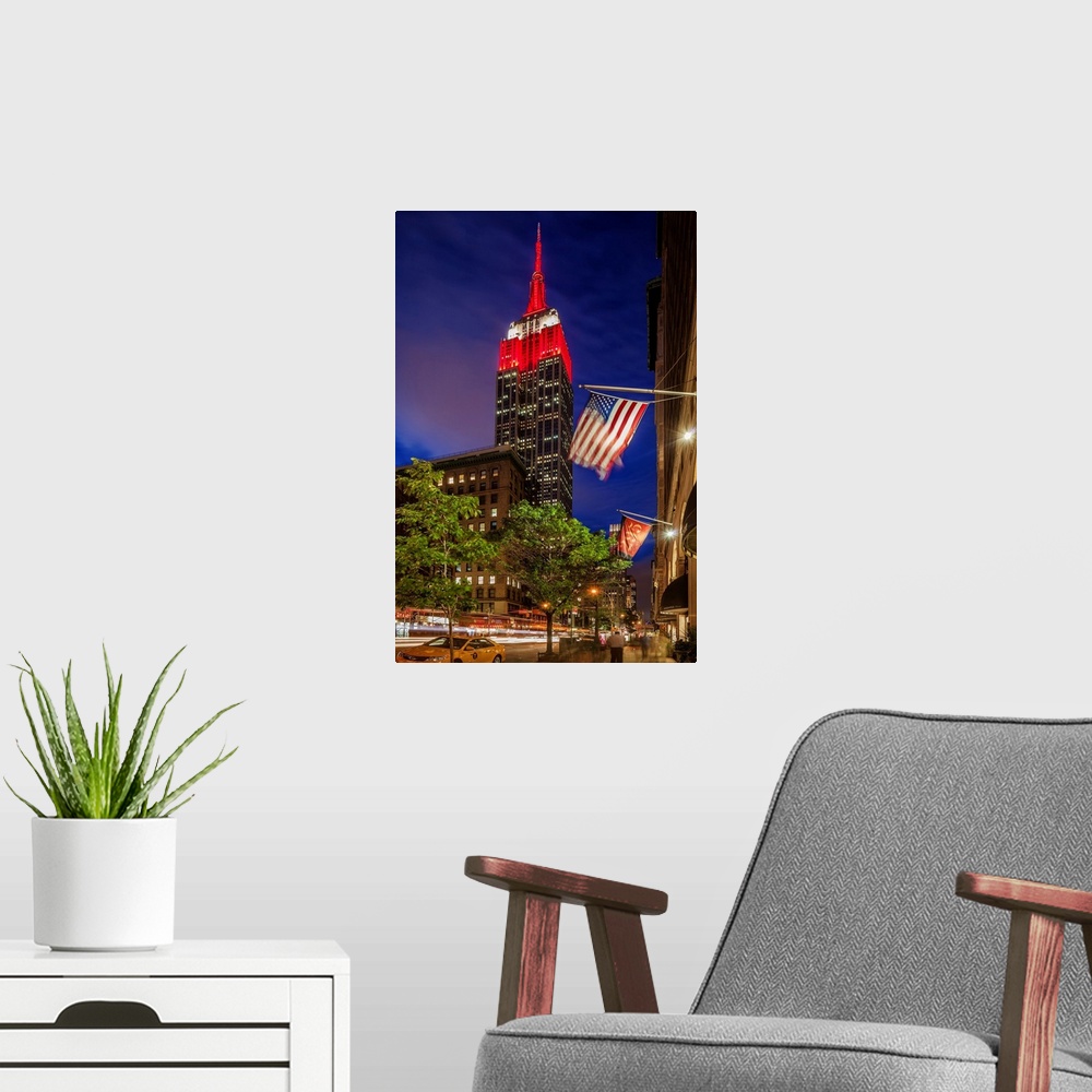 A modern room featuring USA, New York City, Manhattan, Midtown, Empire State Building, Empire State Building and flag at ...