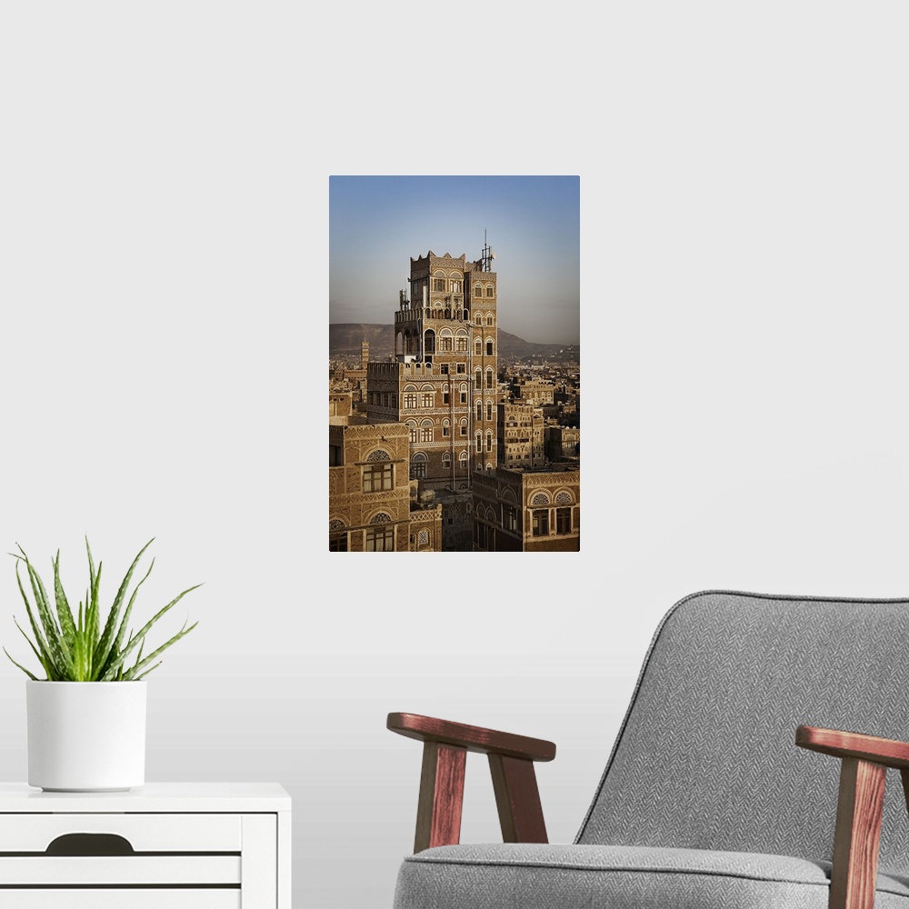 A modern room featuring Yemen, North Yemen, Sanaa, Tower House, typical Yemeni architecture