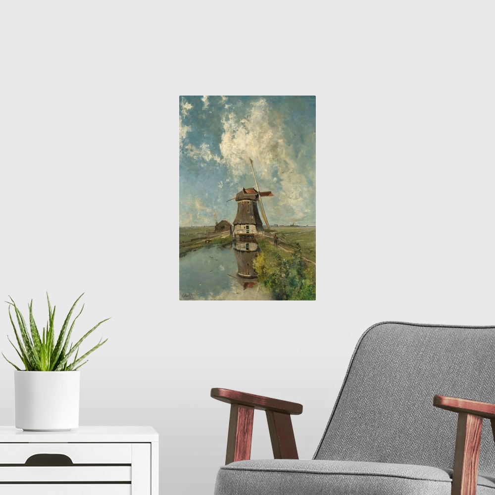 A modern room featuring A Windmill on a Polder Waterway, known as "In the Month of July", by Paul Gabriel, c. 1889, Dutch...
