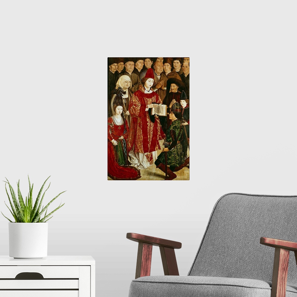 A modern room featuring GON..ALVES, Nuno (1411-1471). Altarpiece of Saint Vincent. 1460s. Detail of the Infant Panel. Got...