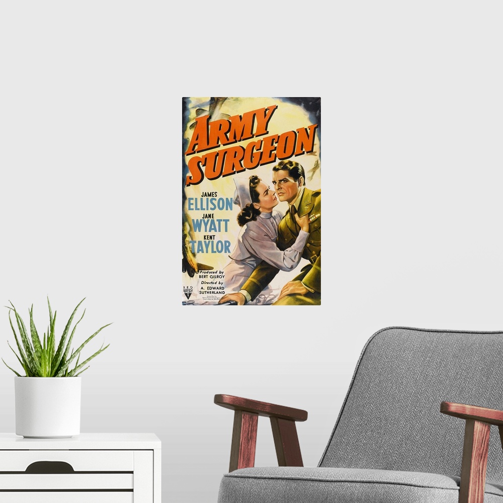 A modern room featuring ARMY SURGEON, US poster, from left: Jane Wyatt, James Ellison, 1942