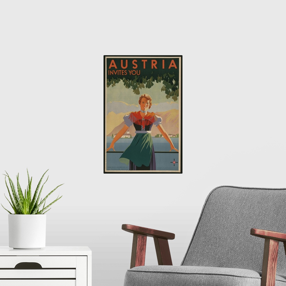 A modern room featuring Austria Invites You! 1934 travel poster shows young woman in front of stylized village and mounta...