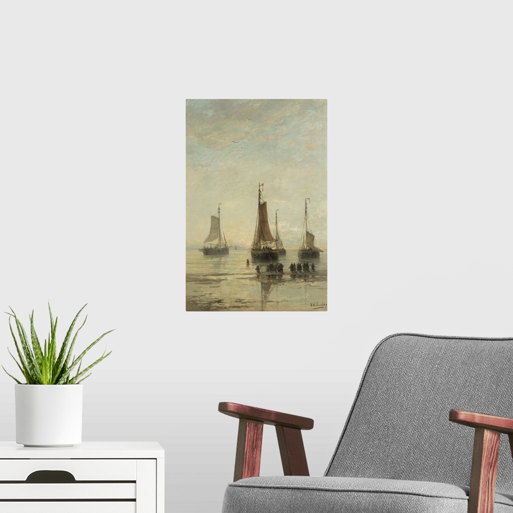 A modern room featuring Bluff-Bowed Scheveningen Boats at Anchor, by Hendrik Willem Mesdag, 1860-89, Dutch oil painting o...